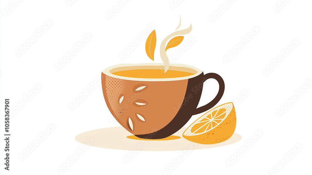 Obraz premium Steaming cup of tea with lemon slice, flat illustration