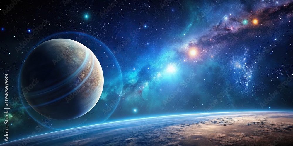 A starry night sky with a large planet in the foreground and a few stars shining brightly against the dark blue background, galaxy, nebula, asteroid A starry night sky with a large planet in the foreground and a few stars shining brightly against the dark blue background, galaxy, nebula, asteroid