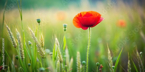 A single red poppy in a field of tall grass with a few stalks and some wildflowers nearby, botanical, poppy, greenery, nature