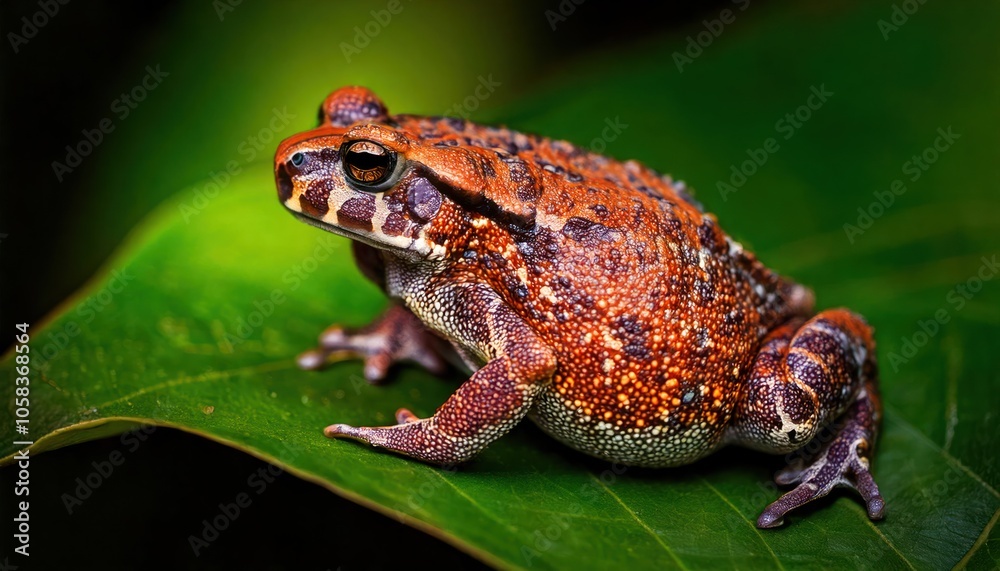 Mystic portrait of Yellow Harlequin Toad on leave, full body view blurry leaf's background Mystic portrait of Yellow Harlequin Toad on leave, full body view blurry leaf's background