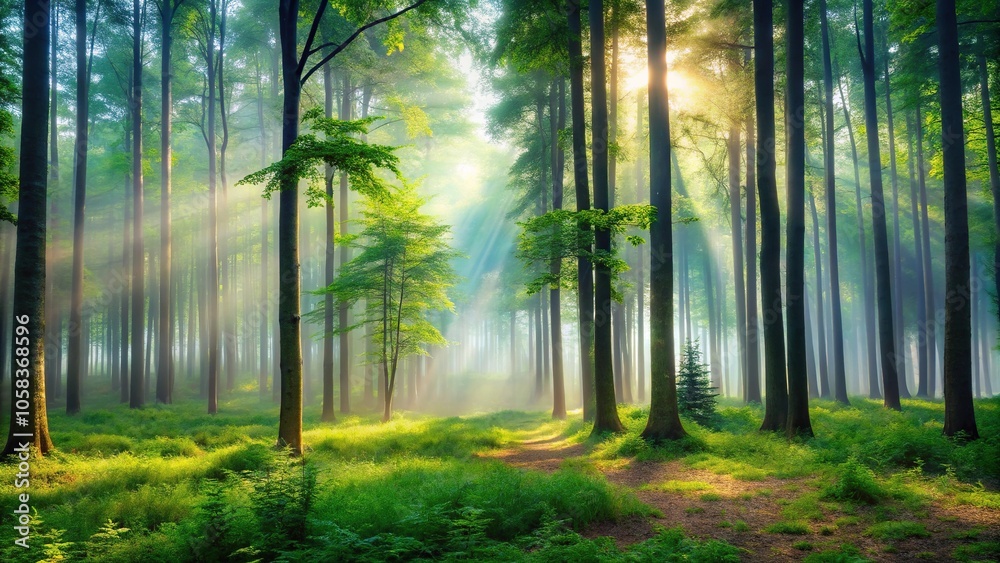Obraz premium A serene summer forest with tall trees and a misty atmosphere, forest, serene, mist, nature, summer
