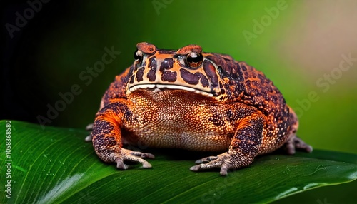 Mystic portrait of Yellow Harlequin Toad on leave, full body view blurry leaf's background  photo