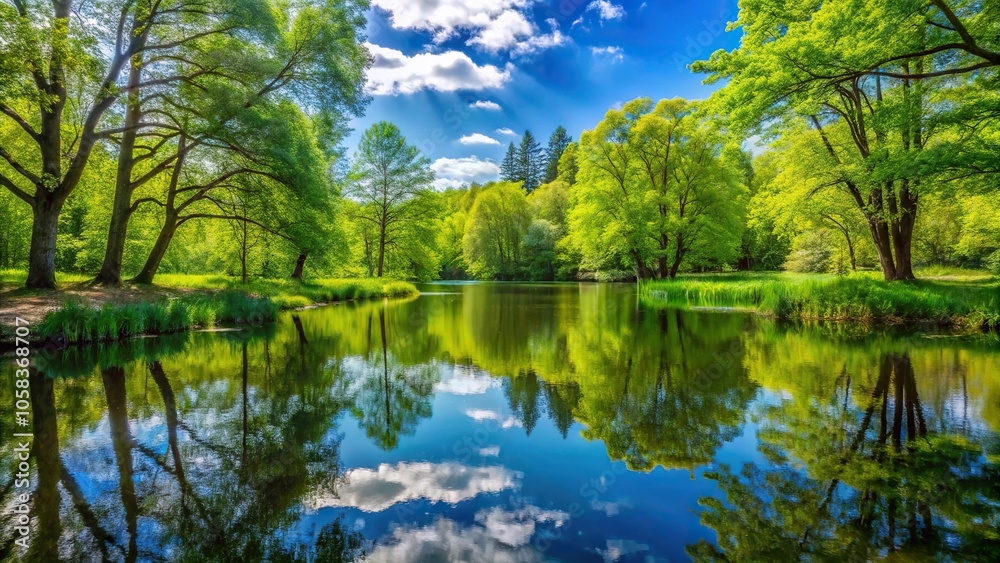 Obraz premium A serene pond surrounded by tall trees and vibrant greenery on a warm spring day, spring landscape, greenery, forest scene, outdoors, trees