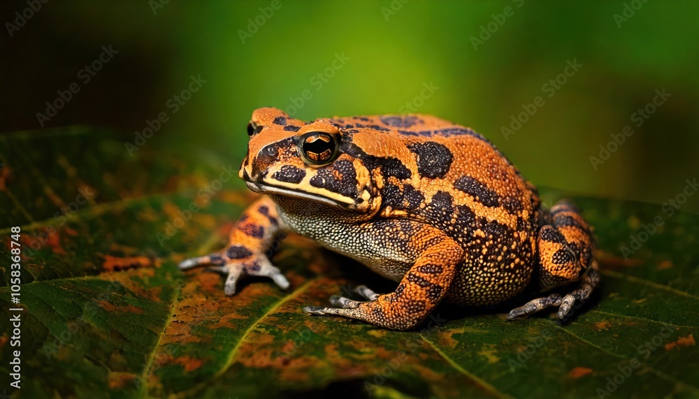 Obraz premium Mystic portrait of Yellow Harlequin Toad on leave, full body view blurry leaf's background 