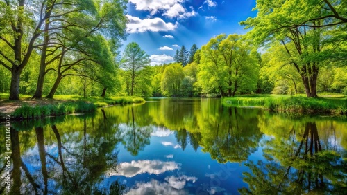 A serene pond surrounded by tall trees and vibrant greenery on a warm spring day, spring landscape, greenery, forest scene, outdoors, trees