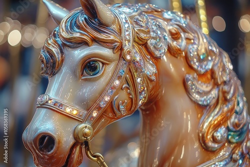 Close up of ornate carousel horse shining in amusement park