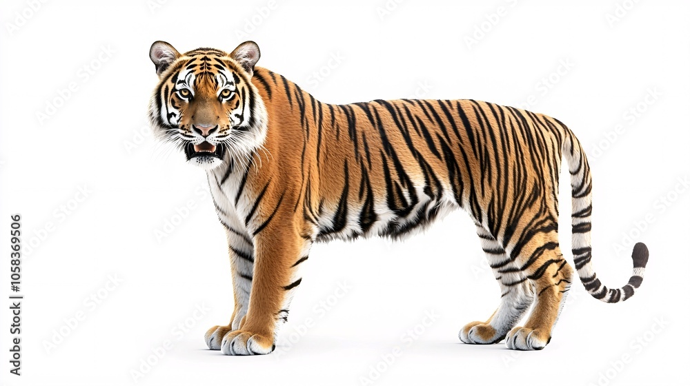 Obraz premium A majestic tiger illustrated in a stunning style, featuring intricate stripes and an enchanting expression, set against a white backdrop.