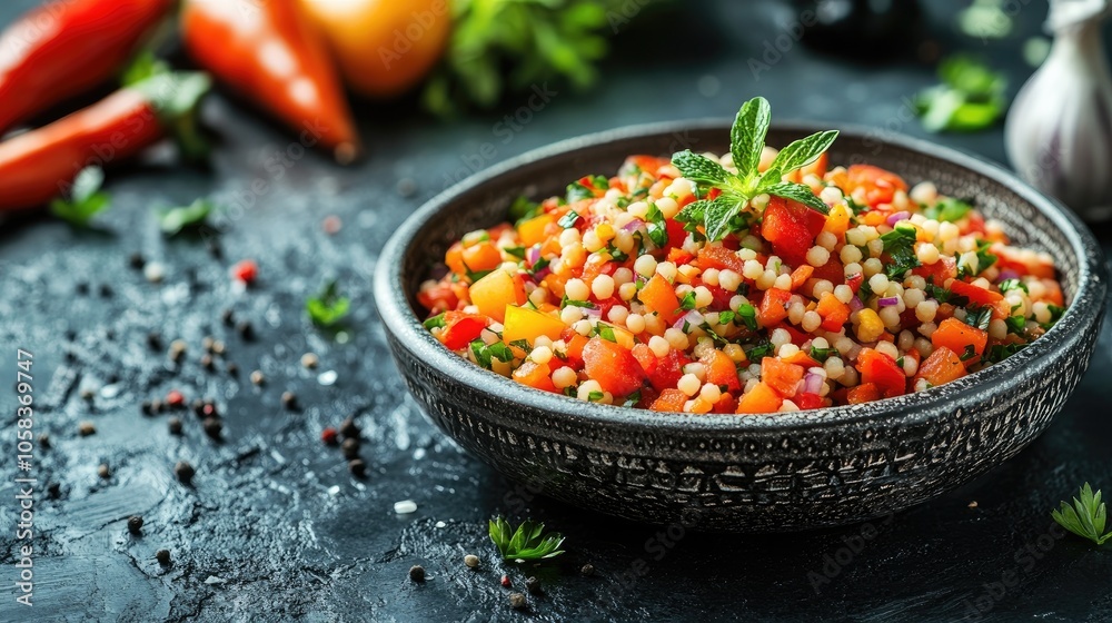 Israeli couscous salad with vegetables and herbs in a black bowl Israeli couscous salad with vegetables and herbs in a black bowl