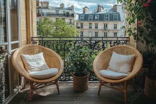 Two rattan armchairs inviting relaxation on parisian balcony with city view photo