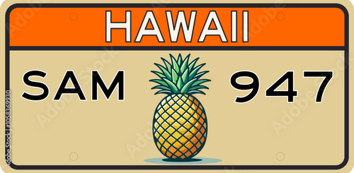 A unique Hawaiian license plate design featuring a simple vector illustration of the iconic Hawaiian pineapple, celebrating the states tropical heritage and warm spirit with minimalistic and vibrant e