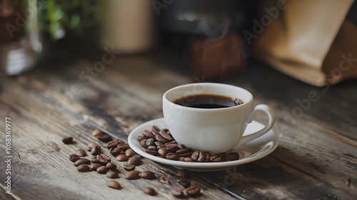 a steaming cup of black coffee on a rustic wooden table.