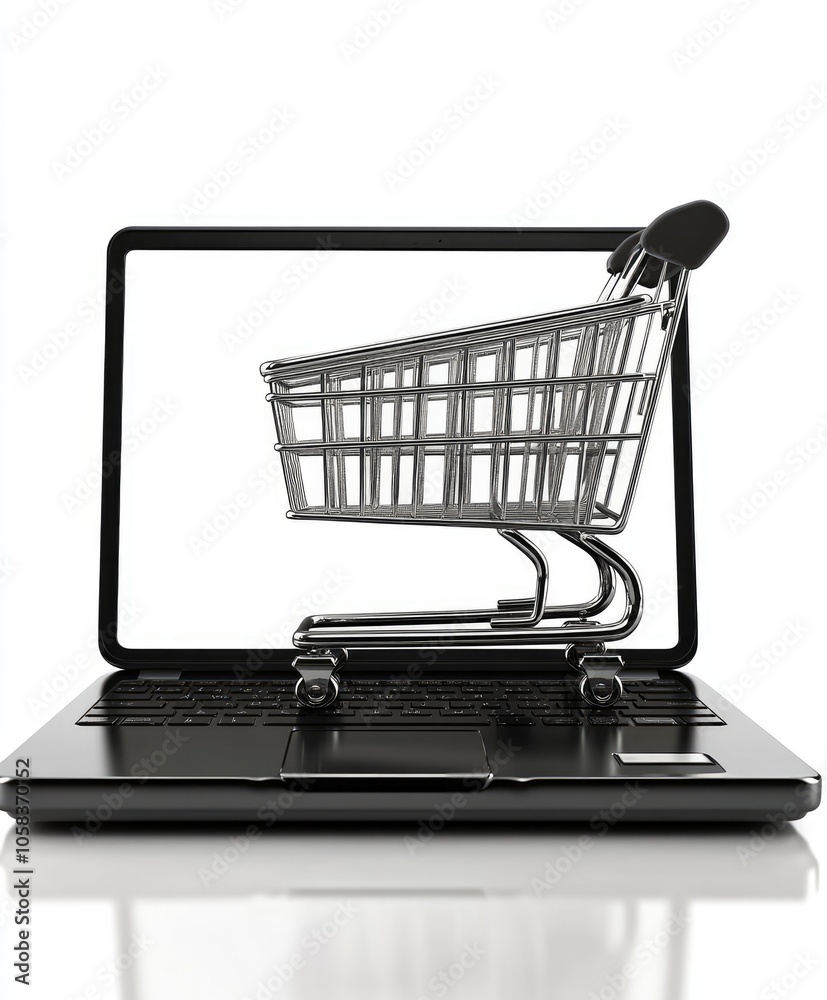 Shopping cart coming out of laptop screen suggesting online shopping Shopping cart coming out of laptop screen suggesting online shopping