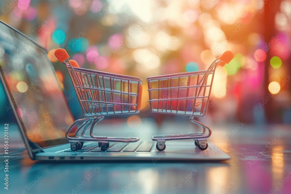 Shopping carts facing each other on laptop keyboard symbolizing online shopping Shopping carts facing each other on laptop keyboard symbolizing online shopping