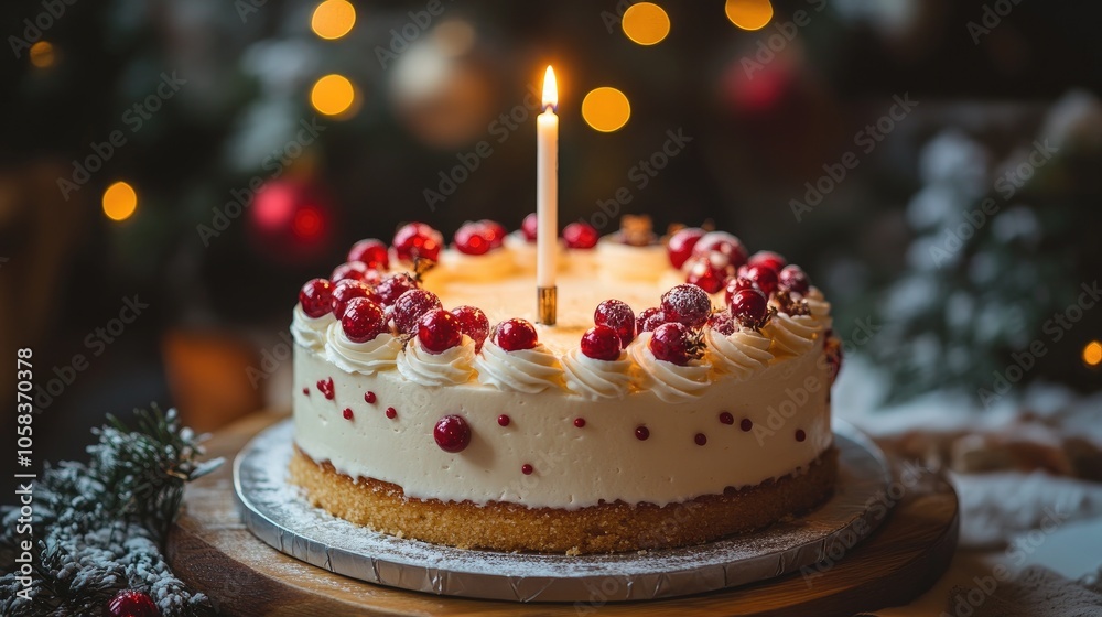 Delicious christmas cake with burning candle and red berries decoration Delicious christmas cake with burning candle and red berries decoration