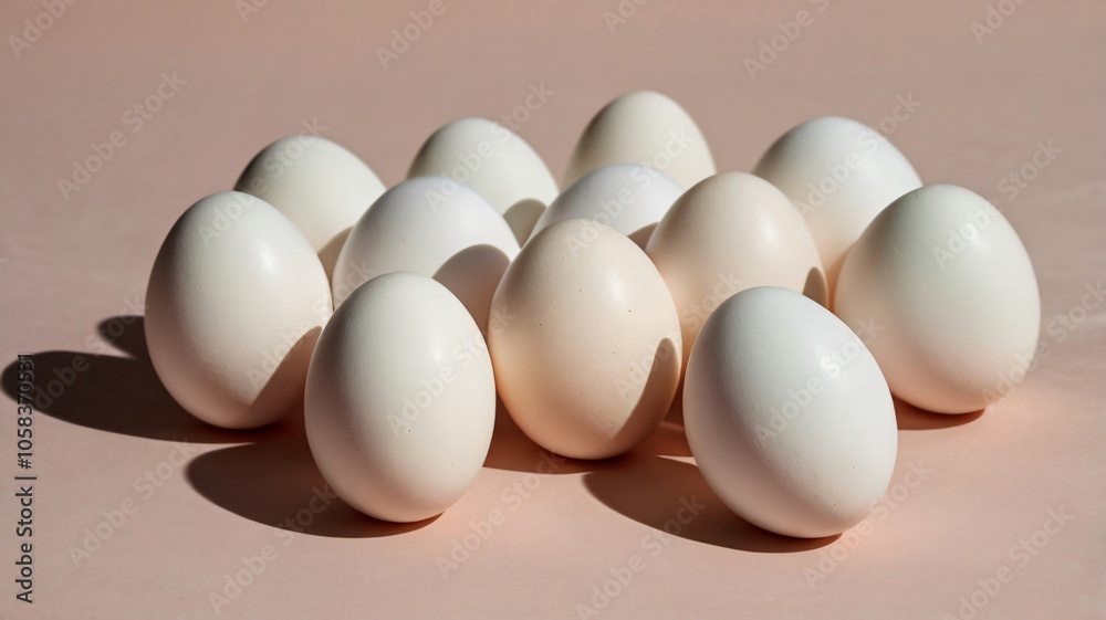 A collection of white eggs arranged on a soft pink surface during natural light in a serene kitchen setting A collection of white eggs arranged on a soft pink surface during natural light in a serene kitchen setting