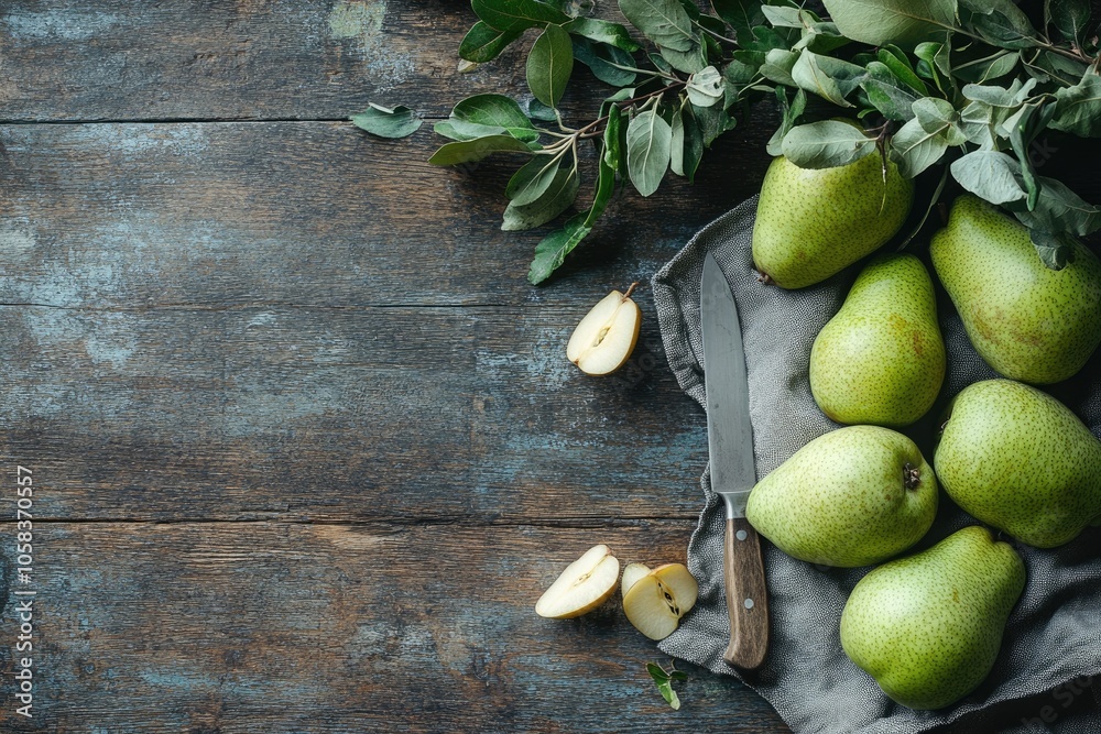 Fresh green pears with leaves on rustic wooden table Fresh green pears with leaves on rustic wooden table