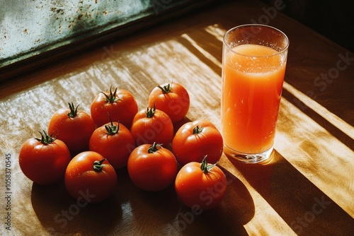 Fresh tomato juice with tomatoes on a wooden table by a window photo