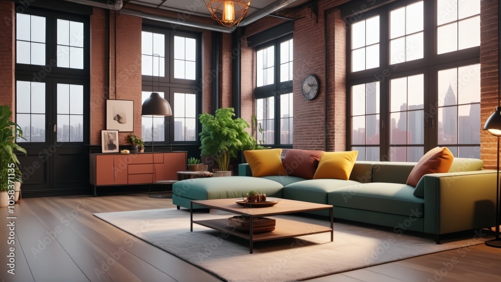 Modern loft living room with cozy sofa and urban view Modern loft living room with cozy sofa and urban view