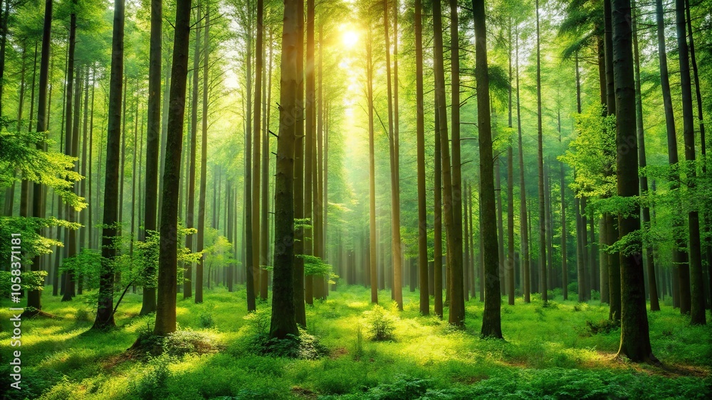 A lush forest with tall trees standing in front of a serene green background, outdoor scenery, forest background, leafy greens A lush forest with tall trees standing in front of a serene green background, outdoor scenery, forest background, leafy greens