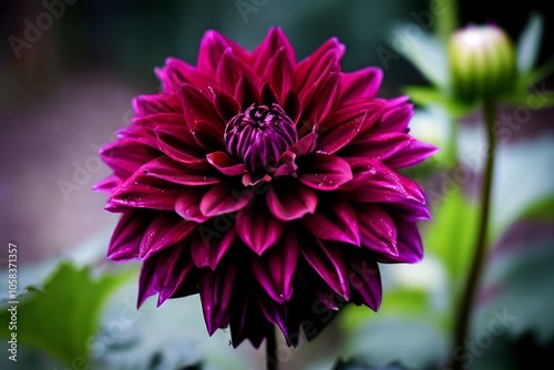 bishop of llandaff dahlia deep burgundy petals with a black cent photo