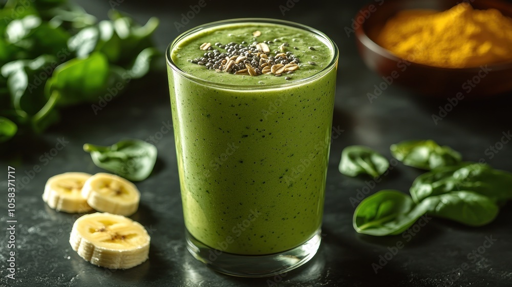 Green smoothie with banana, spinach, and seeds for a healthy drink. Green smoothie with banana, spinach, and seeds for a healthy drink.