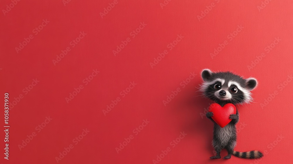 Love is in the Air: Cute Raccoon Celebrates Valentine's Day with Red Heart Greeting Card on Isolated Red Background Love is in the Air: Cute Raccoon Celebrates Valentine's Day with Red Heart Greeting Card on Isolated Red Background