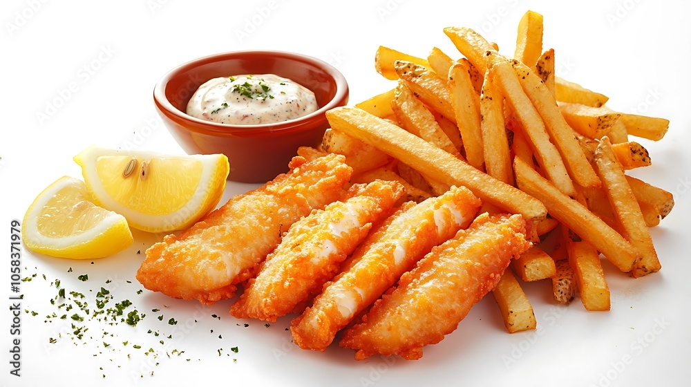 Crispy Fish Fingers with French Fries and Lemon Wedges Crispy Fish Fingers with French Fries and Lemon Wedges