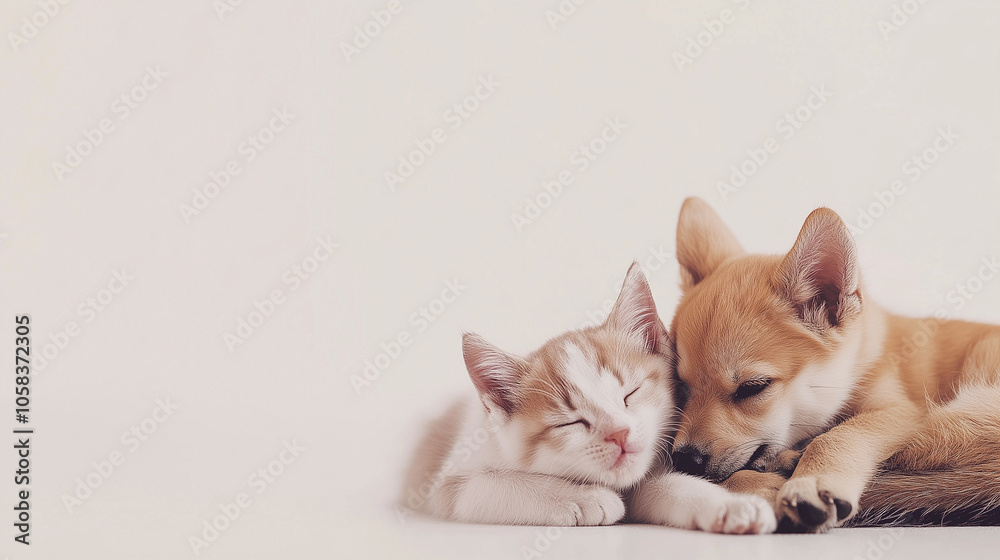 Adorable kitten and puppy sleeping together on soft background