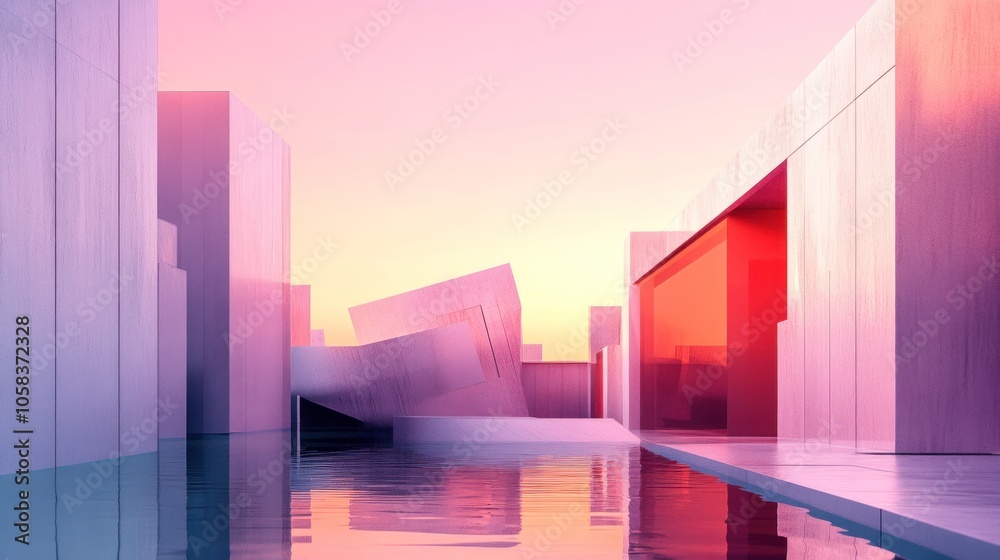 Abstract Minimalist Architecture with Water Reflection