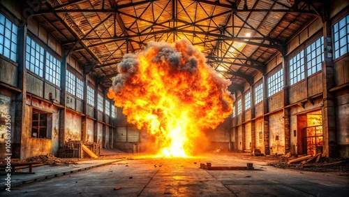 A fiery explosion set off by an arsonist in an abandoned warehouse, fireworks, molten metal