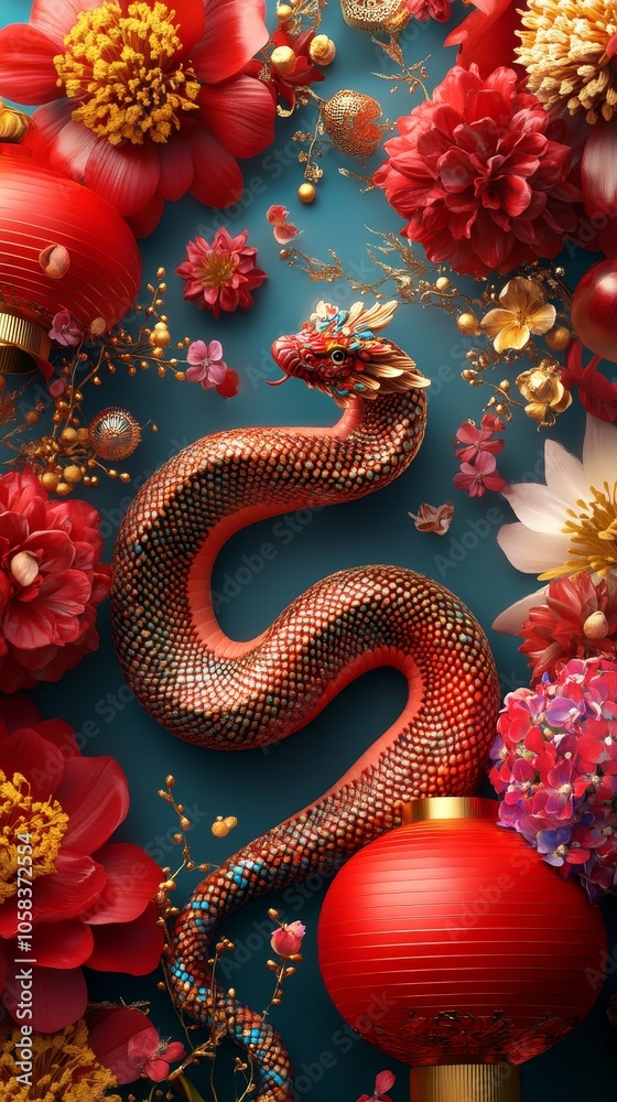 custom made wallpaper toronto digitalDesign a festive scene for Chinese New Year featuring a beautifully decorated snake entwined around traditional red lanterns and vibrant flowers, symbolizing prosperity and good fortune
