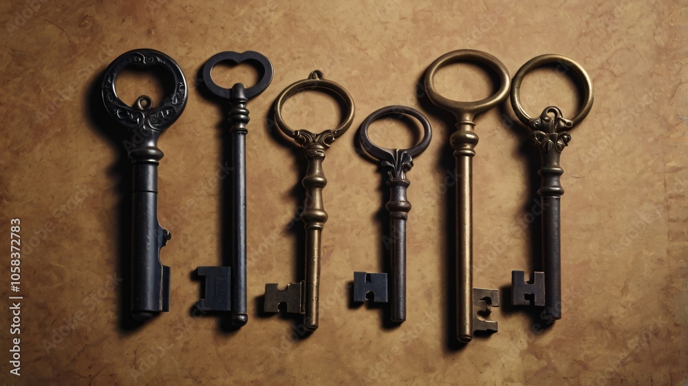 Different varieties of antique keys arranged on a textured surface in a well-lit setting, showcasing their unique designs and materials Different varieties of antique keys arranged on a textured surface in a well-lit setting, showcasing their unique designs and materials