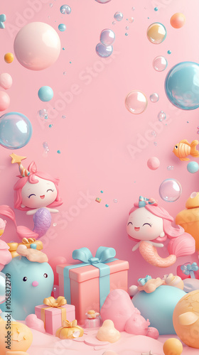 Happy Mermaid Friends Celebrate with Gifts and Bubbles.