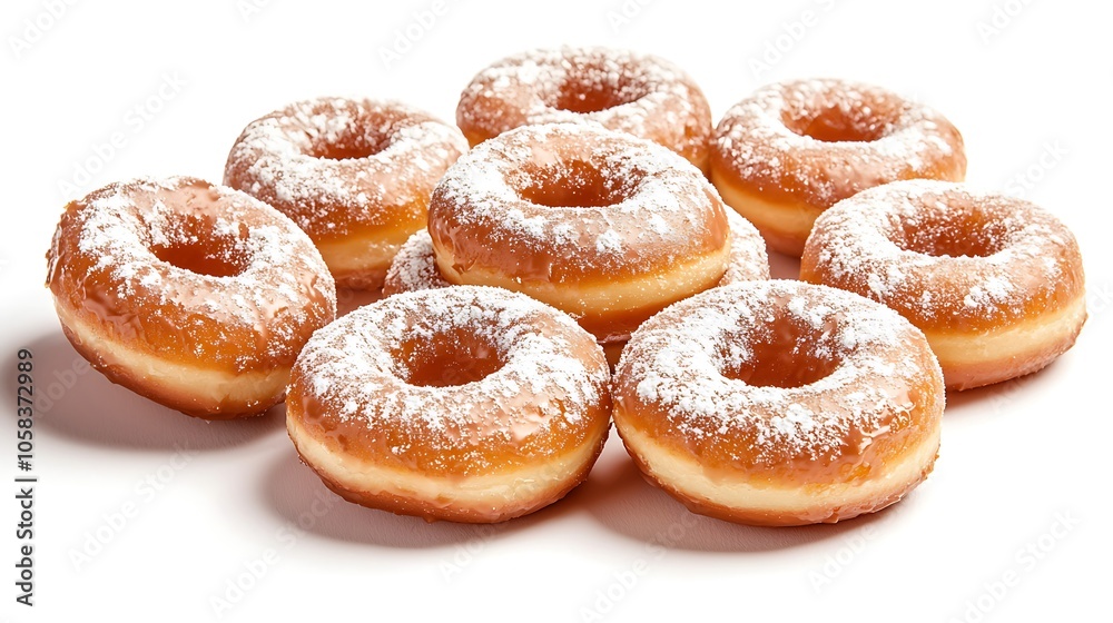 Glazed Donuts with Powdered Sugar Isolated on White Background Glazed Donuts with Powdered Sugar Isolated on White Background