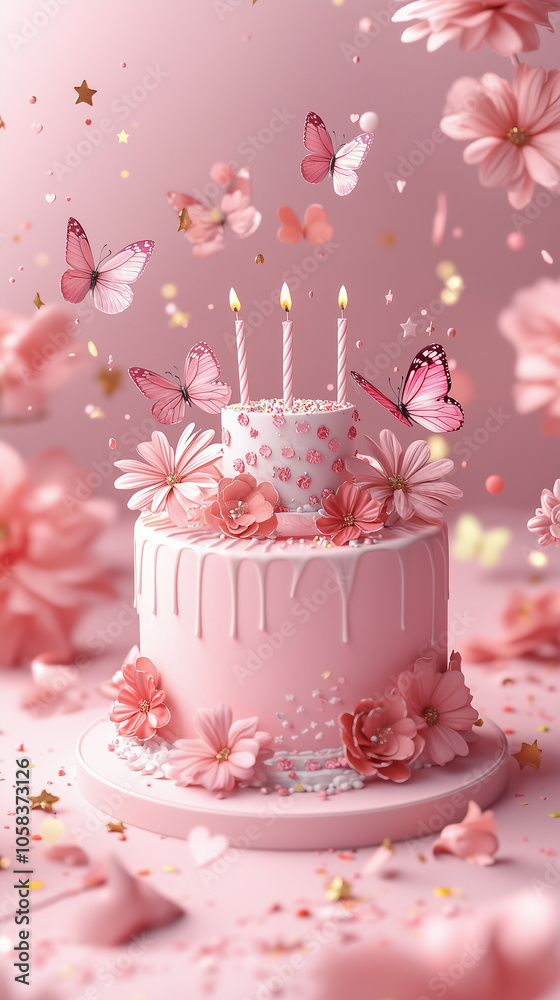 Pink Birthday Cake With Butterflies And Flowers.