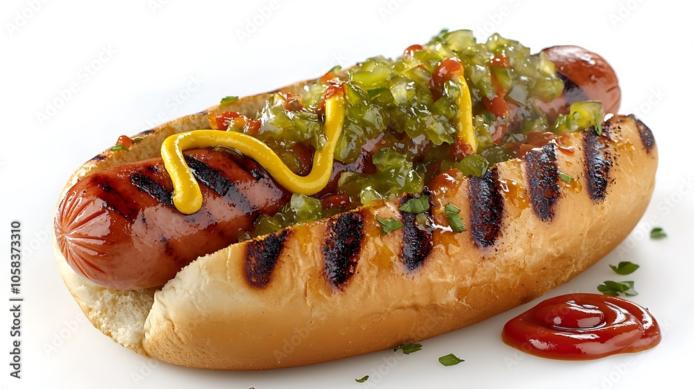 Grilled Hot Dog with Mustard Relish and Ketchup Grilled Hot Dog with Mustard Relish and Ketchup