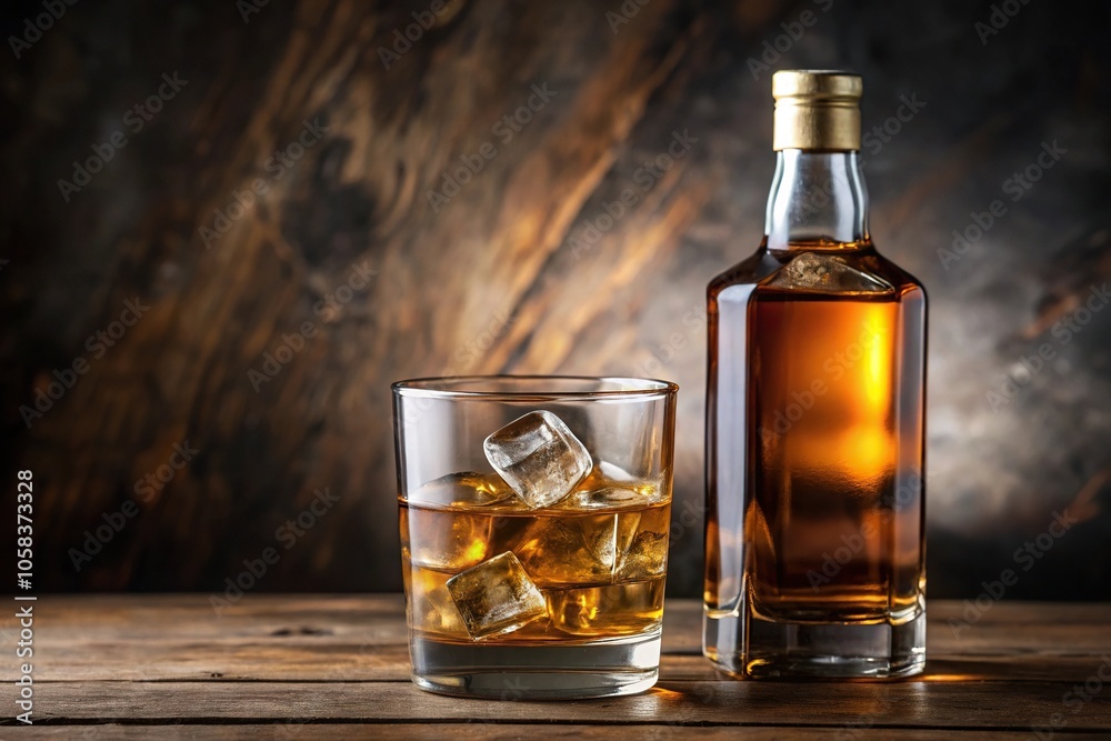 A close-up shot of a single whiskey bottle with a slight smudge on the label, sitting next to a glass filled with a few ice cubes, condensation, intimate moment, liquid, ice cube, label A close-up shot of a single whiskey bottle with a slight smudge on the label, sitting next to a glass filled with a few ice cubes, condensation, intimate moment, liquid, ice cube, label