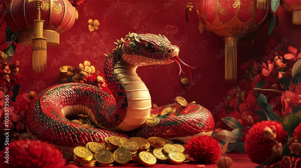 Design a vibrant and festive image for the Chinese New Year featuring a beautifully decorated snake intertwined with traditional symbols of prosperity, such as red lanterns and gold coins