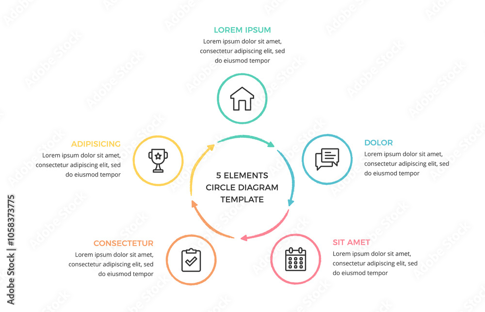 Hand drawn circle chart template with 5 parts, doodle infographics, vector eps10 illustration Hand drawn circle chart template with 5 parts, doodle infographics, vector eps10 illustration