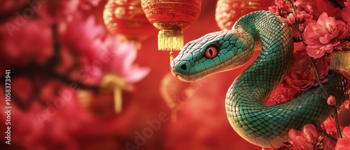 A green snake set against a red background with lanterns and flowers, capturing the essence of Chinese New Year. The banner design features high-resolution photography with intricate details