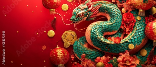Wallpaper Mural A green snake set against a red background with lanterns and flowers, capturing the essence of Chinese New Year. The banner design features high-resolution photography with intricate details Torontodigital.ca