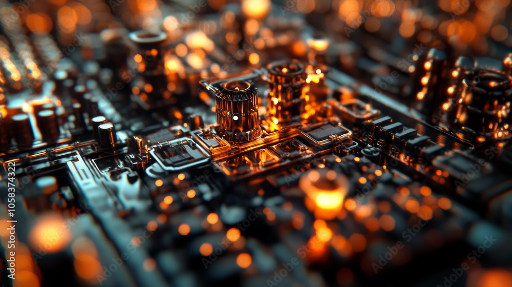 Futuristic Circuit Board with Glowing Orange Lights Futuristic Circuit Board with Glowing Orange Lights