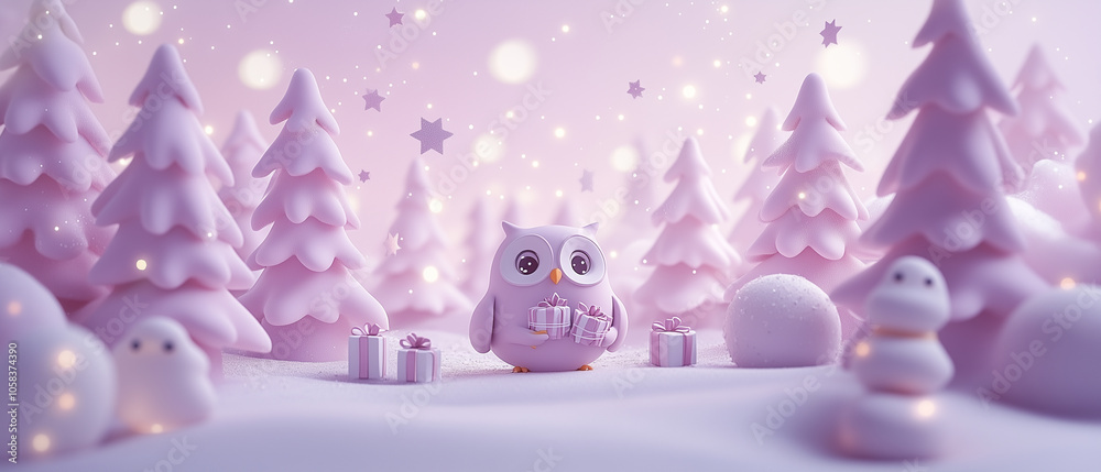 Fototapeta premium A Festive Owl Delivers Gifts in a Pink Winter Wonderland.