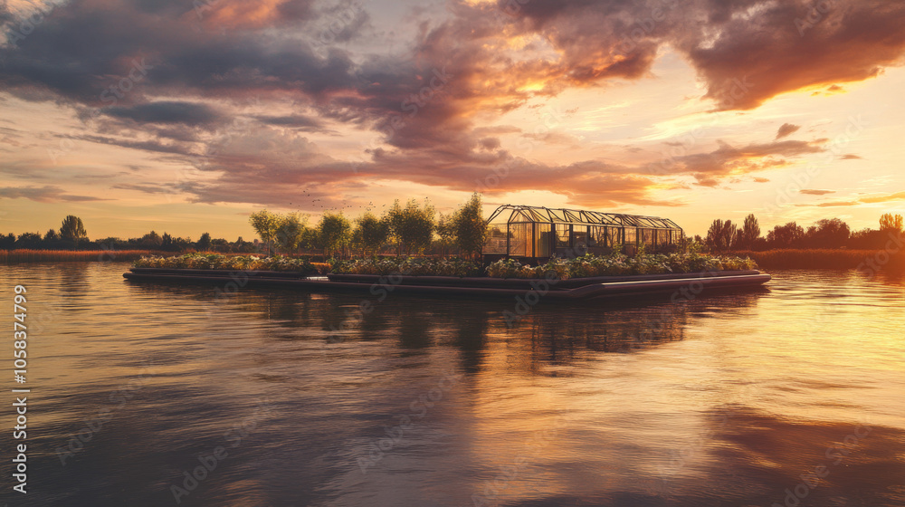 Naklejka premium Serene Sunset Over Floating Greenhouse Island