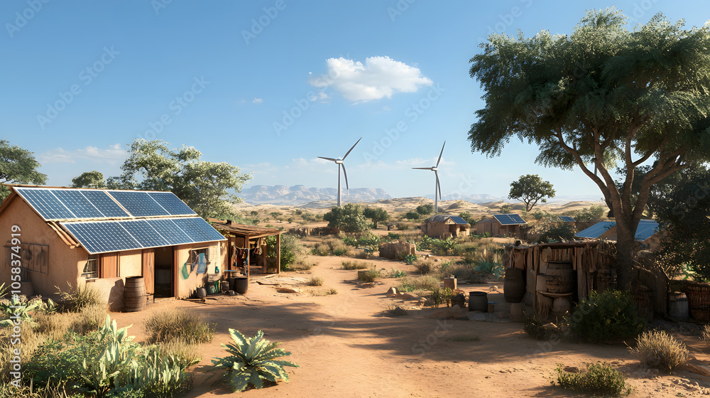 remote village with solar panels and wind turbines in desert landscape remote village with solar panels and wind turbines in desert landscape