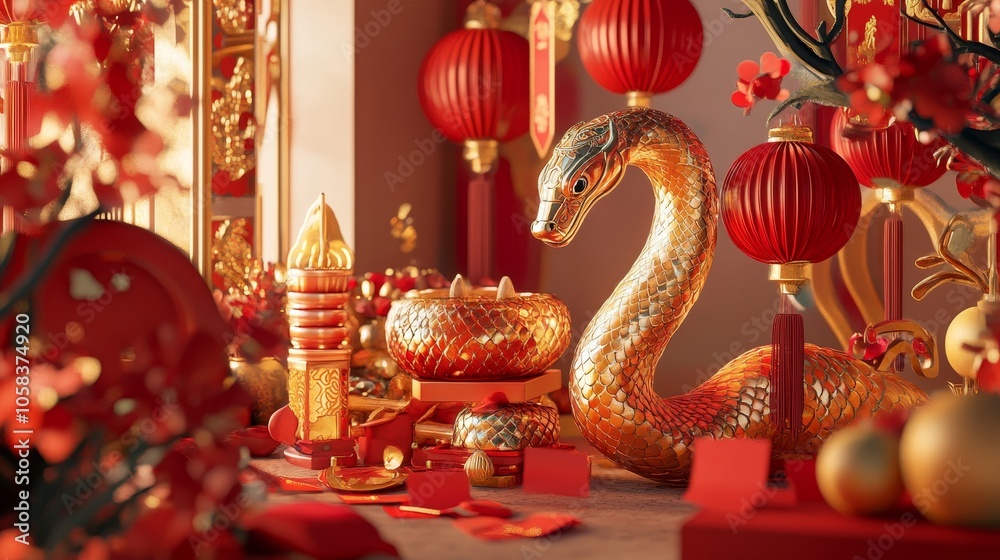 Obraz premium Create a vibrant Chinese New Year scene featuring the zodiac Snake symbol, intricately designed with gold accents and swirling patterns, surrounded by traditional lanterns, red envelopes, and festive 