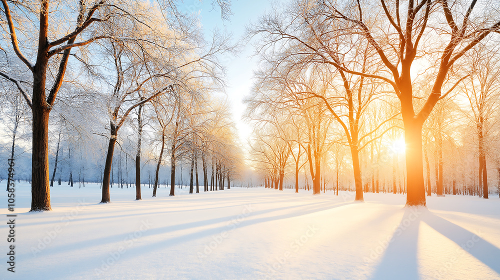 A winter landscape of peaceful stillness in the park with snow covering the ground and the bare trees standing tall against the cold air creates a tranquil scene. A winter landscape of peaceful stillness in the park with snow covering the ground and the bare trees standing tall against the cold air creates a tranquil scene.