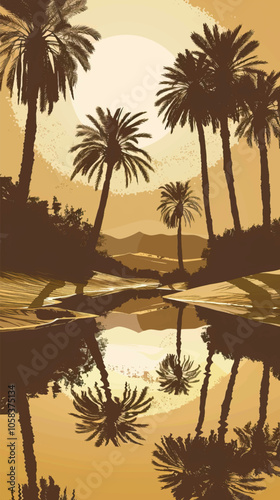 A desert oasis with palm trees. silhouette illustration