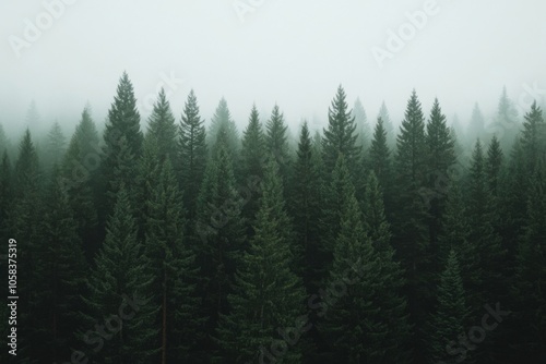 Evergreen forest covered by fog in the early morning