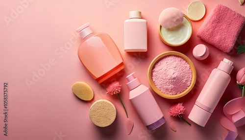 Pink skincare and beauty products on a pastel background with copy space 